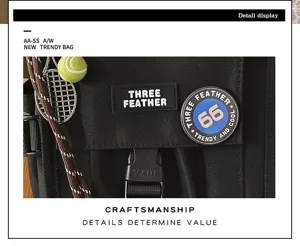 Detailed close-up of a black nylon messenger bag showing trendy badges and quality