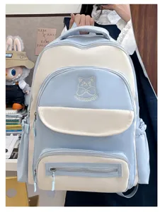 Cute light blue color-block student backpack with cat embroidery detail