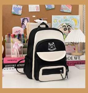 Cute black and white contrast color student backpack with cat logo embroidery for school