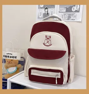 Minimalist casual colorblock student schoolbag with a cute cartoon cat illustration detail