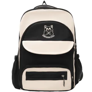 Cute colorblock school backpack with cat embroidery and multiple compartments for students.