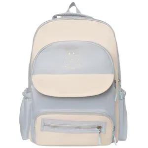 Casual preppy style color-blocking backpack with embroidered cat detail and large capacity