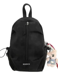 Black canvas chest bag for cycling with cute teddy bear pendant and vertical zipper
