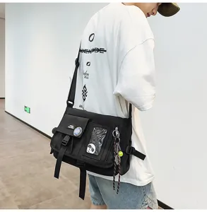 Black tactical nylon messenger bag for students with adjustable strap and urban cool style