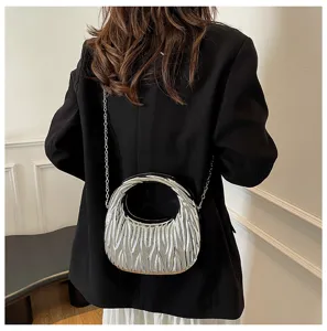 Elegant silver pleated acrylic handbag with round handle and chain strap for women