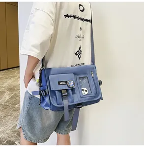 Detail of a blue nylon messenger bag featuring stylish patches and transparent pocket.