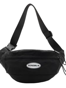 Minimalistische schwarze Nylon-Umhängetasche mit verstellbarem Gurt und Logo-Label