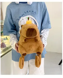 Cute cartoon plush capybara backpack for children featuring a soft yellow fruit detail