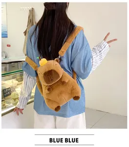 Detailed back view of a cute brown plush capybara backpack worn by a person outdoors.