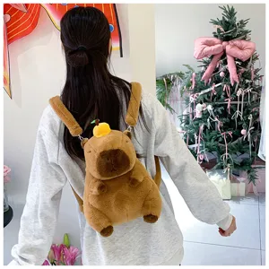 Cute capybara plush backpack shown on a model from behind in a festive Christmas setting.