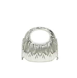 Silver metallic pleated handbag with circular handle and chain strap