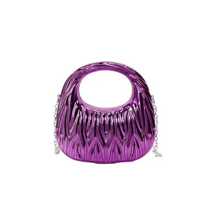 Glossy purple acrylic handbag with pleated texture and silver chain detail