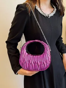 Fashion Women Acrylic Pleated Handbag Metallic Plaid Candy Color Top Handle Bag Stylish Small Fragrance Style Crossbody Chain Bag
