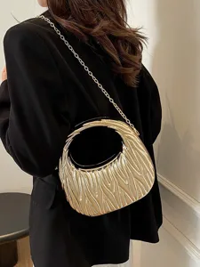 Elegant gold pleated metallic evening clutch bag with detachable chain strap for women