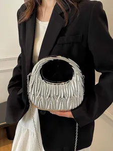 Elegant silver metallic pleated handbag for women featuring a chain strap and round handle