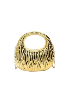 Elegant gold metallic textured acrylic handbag with circular handle and chain strap for women