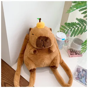 Adorable brown capybara plush backpack for children featuring a small orange top detail