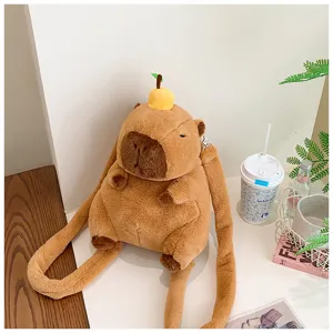 Adorable brown capybara plush backpack featuring a small orange on head detail for kids