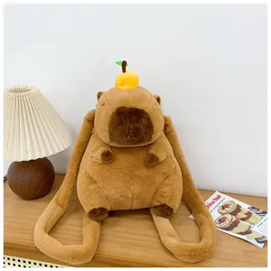 Detailed view of the cute brown plush capybara backpack for kids in a home setting
