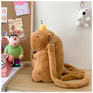 Detailed side view of a cute brown plush capybara backpack featuring soft furry shoulder straps