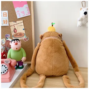 Rear view of a soft brown cartoon otter plush backpack with citrus decoration.