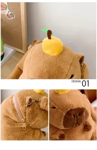 Detail of cute brown plush otter backpack with yellow fruit decoration and zipper