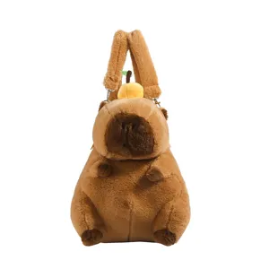 Frontal view of a cute brown capybara plush backpack with a small orange decoration on head