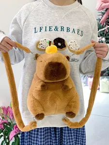 Cute cartoon capybara plush backpack for children with soft brown fur and orange fruit decor