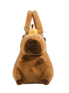 Cute cartoon capybara plush backpack for kids with orange decoration on top head