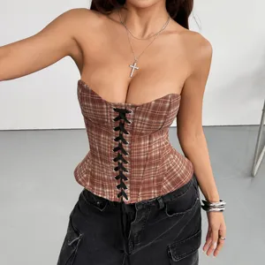 Top corsé de cuadros marrones retro bustier sin tirantes sexy crop top con cordones moda