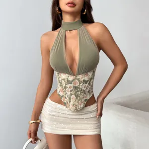 Halter deep V colorblock floral corset top paired with white sequin skirt for women.