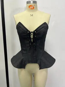 Top corsé de denim sin mangas con peplum cintura vintage delgado corto para mujeres