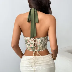 Halter floral corset top with adjustable lace-up back and green satin neck tie for women.