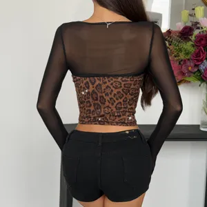 Sexy leopard mesh long sleeve backless corset top detail view for women fashion outfit