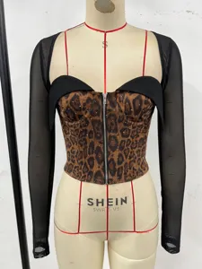 Sexy leopard print corset top with black sheer long sleeves and front zip closure.