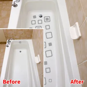 Detailed before and after view of geometric non-slip bathtub stickers for bathroom