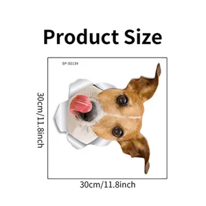 Vue détaillée de l'autocollant mural chien 3D drôle avec dimensions de 30x30 cm