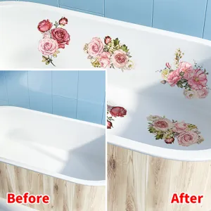 Vista comparativa de las pegatinas de flores para bañera antes y después de su aplicación.