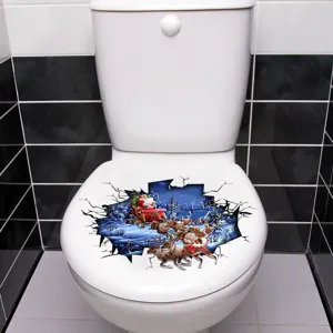 Feestelijke 3D-kerststicker met de kerstman en rendieren op een witte toiletdeksel