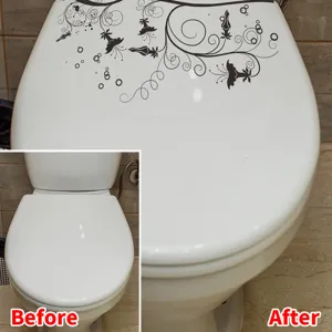 Sticker décoratif de siège de toilette à fleurs noires, vue de l'effet avant et après.
