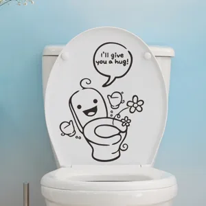 Cute cartoon toilet sticker with 'I'll give you a hug!' text on white toilet lid