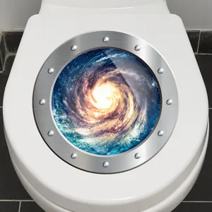 Autocollant décoratif hublot galactique réaliste sur un abattant de WC blanc moderne
