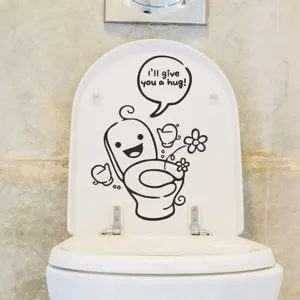 Funny cartoon toilet lid sticker with 'I'll give you a hug' text for bathroom decor.