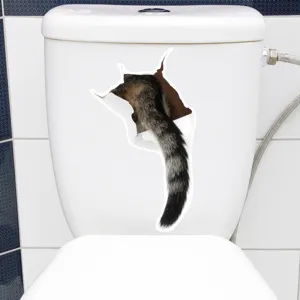 Realistic 3D cat tail wall sticker decal showing a cat emerging from a cracked toilet