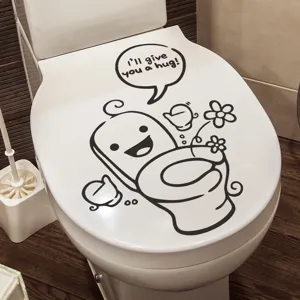 Funny cartoon toilet lid sticker featuring a cute hugging toilet character design