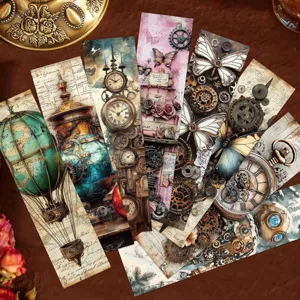 Detailansicht künstlerischer Steampunk-Lesezeichen mit alten Zahnrad- und Uhrenmustern