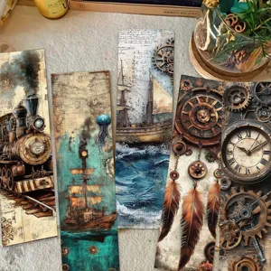 Nahaufnahme von Vintage Steampunk Lesezeichen mit Zahnrädern und Retro Schiffsmotiven