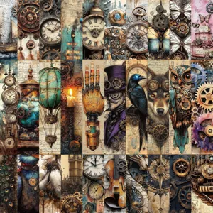 Sammlung von 30 künstlerischen Steampunk-Lesezeichen mit mechanischen Illustrationen