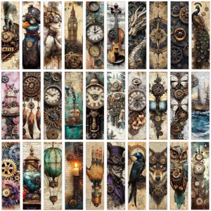 Set mit 30 Vintage-Steampunk-Lesezeichen mit Uhrwerk- und mechanischen Illustrationen