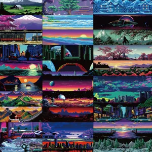 Συλλογή από 30 ρετρό σελιδοδείκτες pixel art με διάφορα τοπία και θέματα πόλης